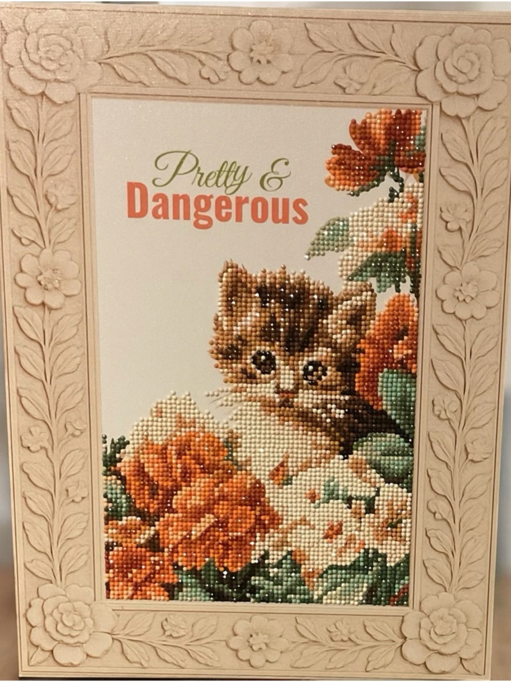 Framed Kitten “Pretty & Dangerous” Wall Art | Diamond Art | Floral Decor